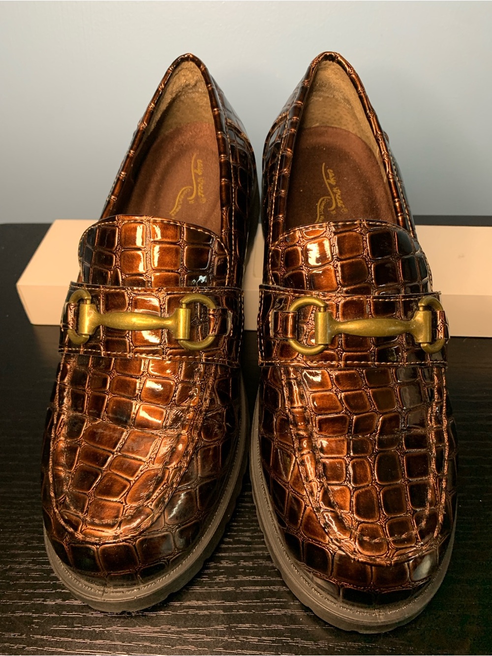 easy street Metallic Brown Croc-Embossed Loafers with Brass Bit